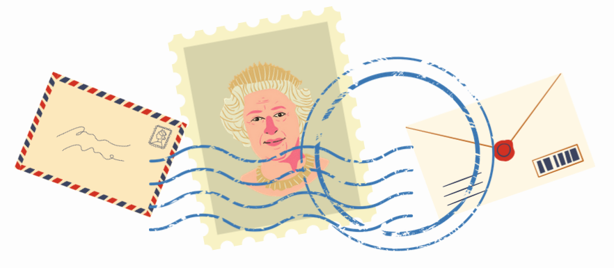 Stamp cometition, pictures of stamps and the Queen's portrait